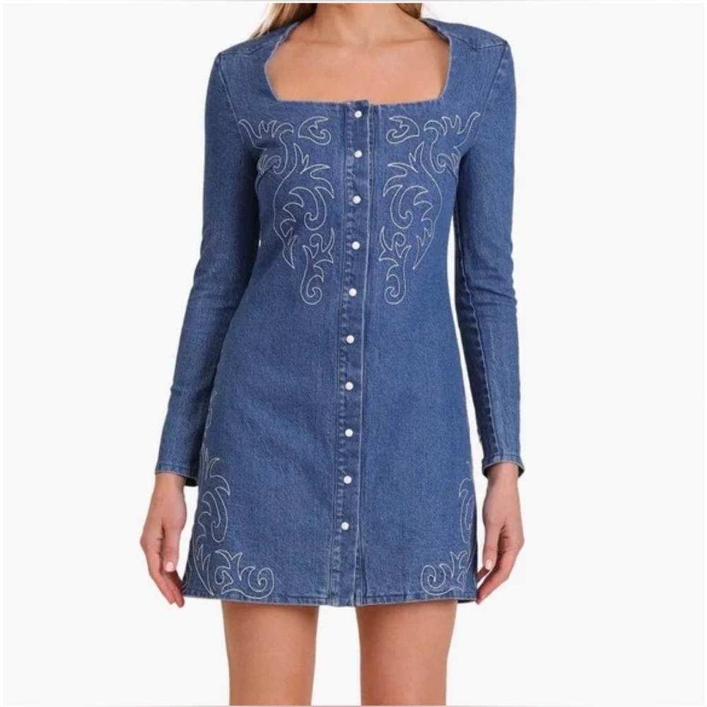 🌵Avec Les Filles Western Embroidered Denim Mini Dress Size 10 NWOT